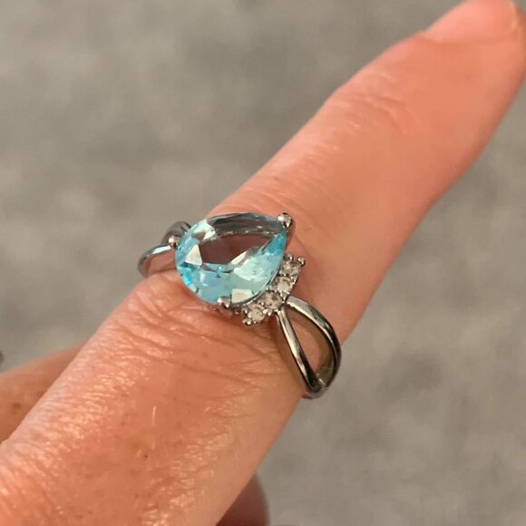 Light Aquamarine CZ Teardrop Cut Ring on a Dainty Sterling Silver Setting - Picture 3 of 6